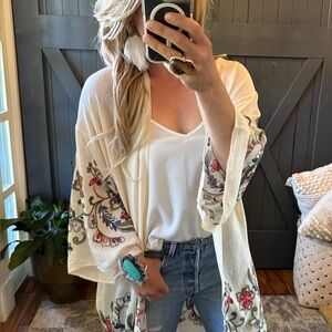 Long Sleeve Embroidered Floral Cardigan Kimono Top